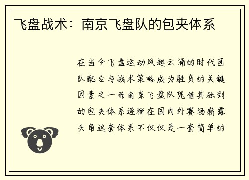 飞盘战术：南京飞盘队的包夹体系