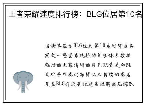 王者荣耀速度排行榜：BLG位居第10名