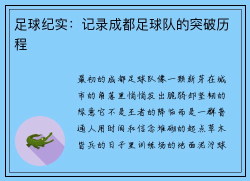 足球纪实：记录成都足球队的突破历程
