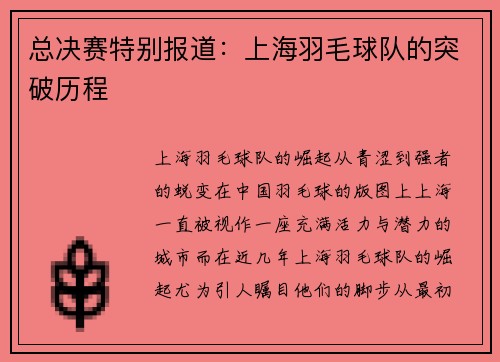 总决赛特别报道：上海羽毛球队的突破历程